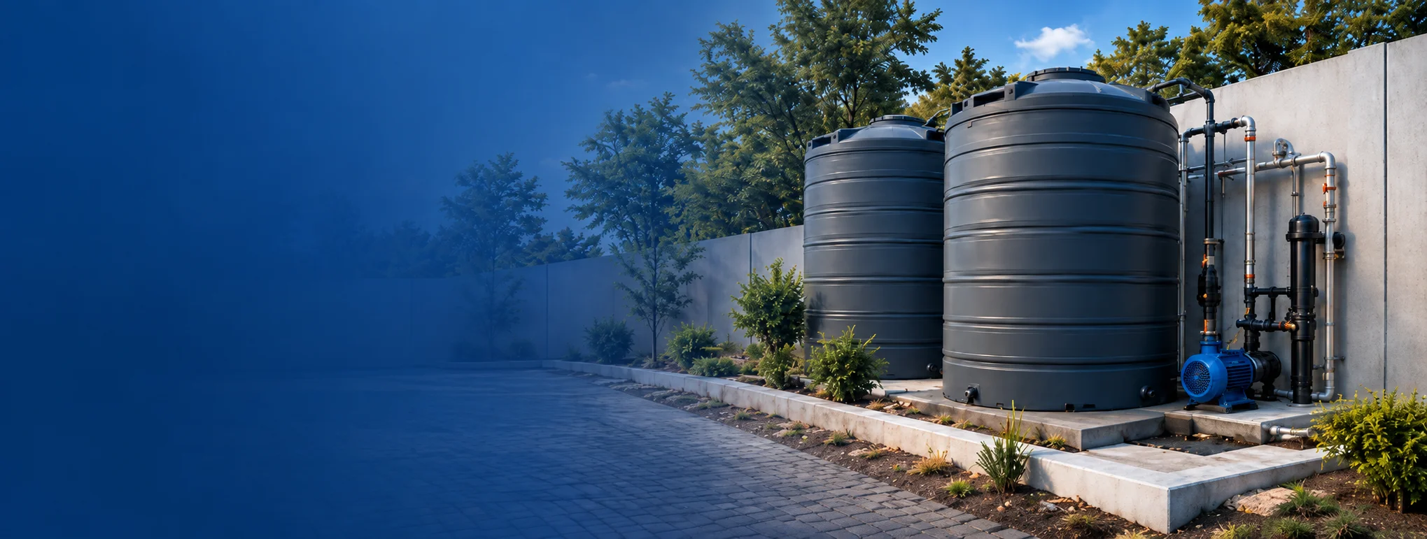 Installed MDG water backup system with storage tanks and pumps